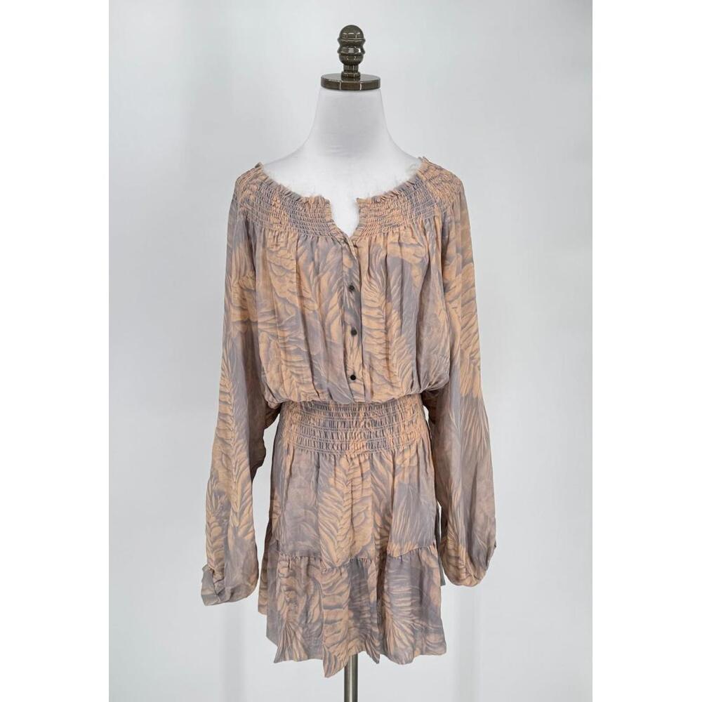 Matthew Williamson Peach Gray Floral Silk Smocked Short A Line Dress Sz 14